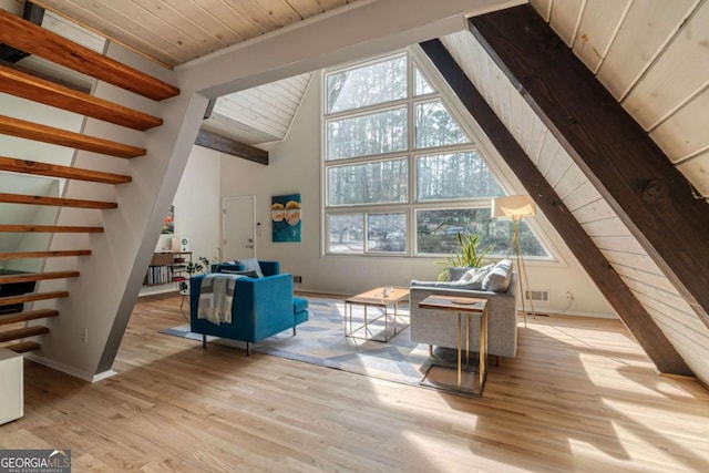 living room featuring wood ceiling, high vaulted ceiling, light hardwood / wood-style floors, and beamed ceiling