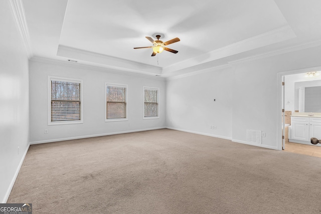 carpeted spare room with plenty of natural light, a raised ceiling, and ceiling fan