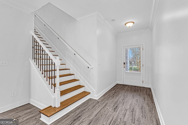 foyer featuring crown molding and hardwood / wood-style floors