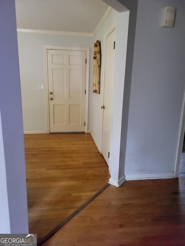 hall featuring hardwood / wood-style flooring and ornamental molding