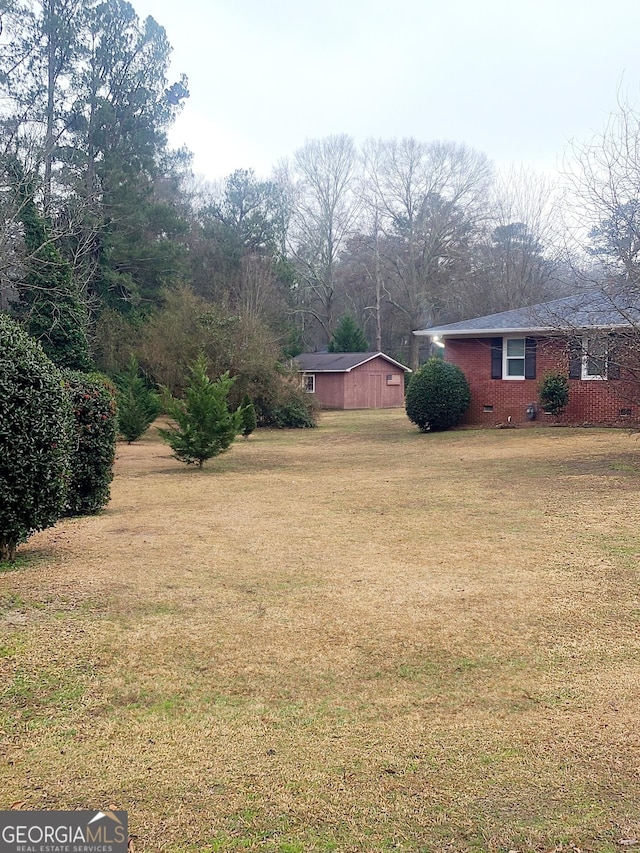 view of yard featuring a storage unit