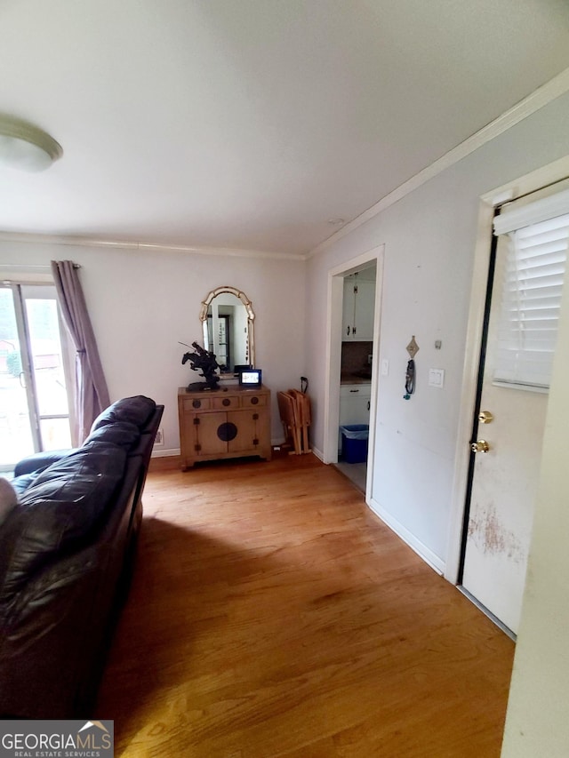 interior space with light hardwood / wood-style flooring and ornamental molding