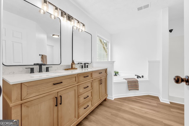 bathroom featuring a tub to relax in, wood-type flooring, and vanity