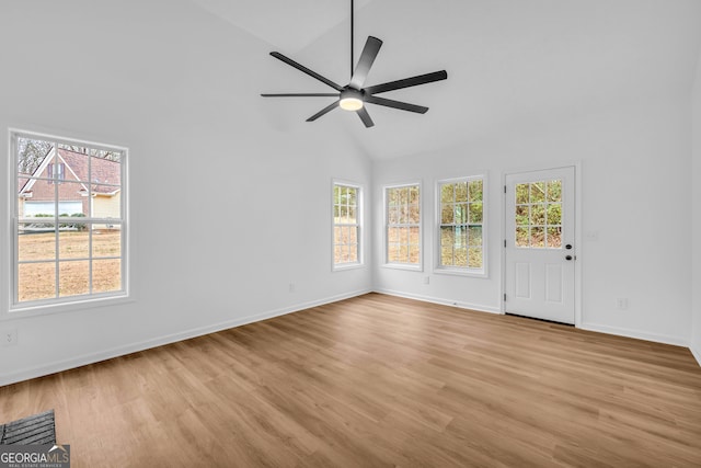 unfurnished living room featuring high vaulted ceiling, light hardwood / wood-style floors, and ceiling fan