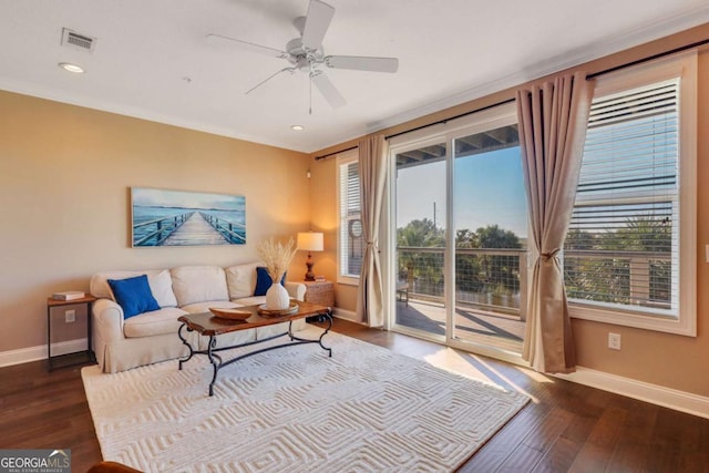 living room with ceiling fan and dark hardwood / wood-style floors