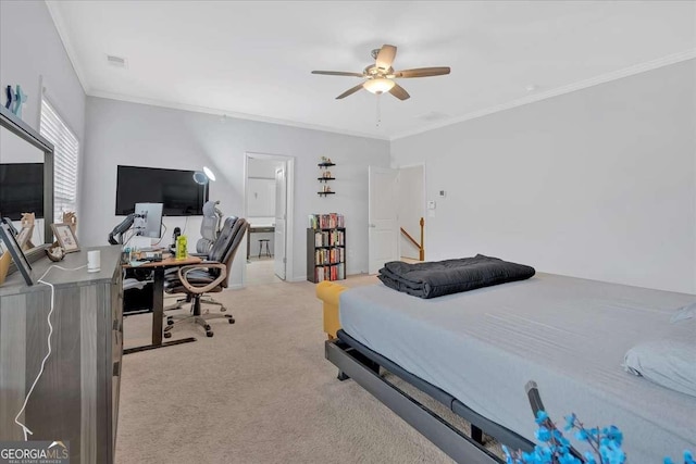 carpeted bedroom with crown molding and ceiling fan