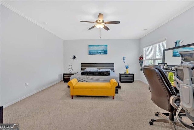 bedroom featuring light colored carpet, ornamental molding, and ceiling fan