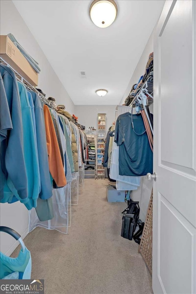 walk in closet with carpet floors