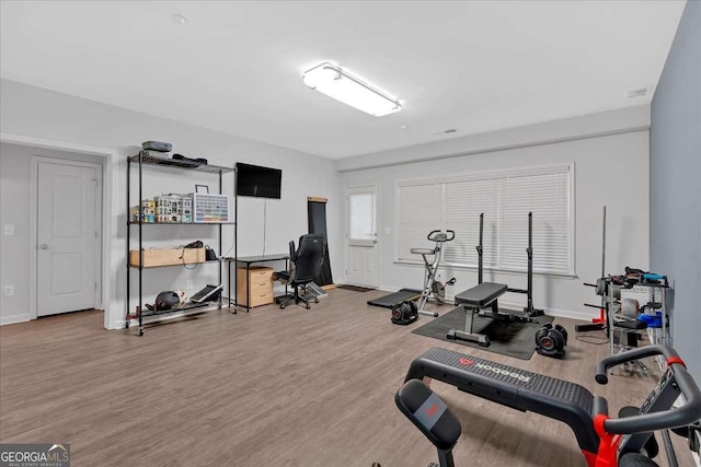 workout area featuring wood-type flooring