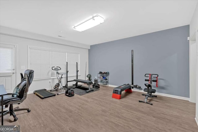 exercise room featuring hardwood / wood-style flooring