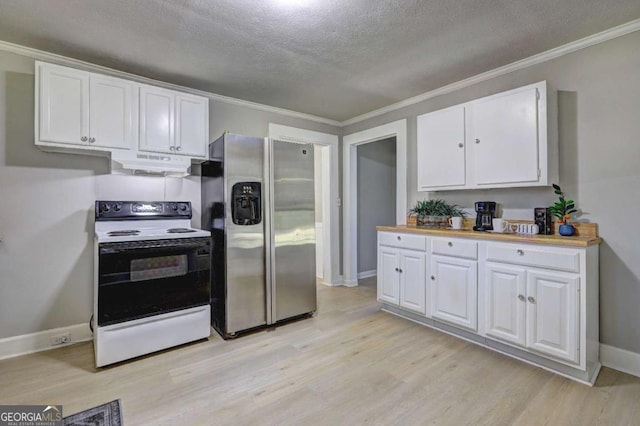 kitchen featuring electric range, white cabinets, and stainless steel refrigerator with ice dispenser