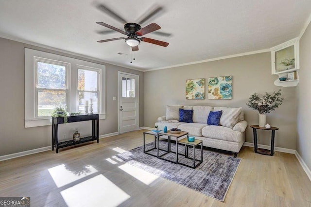 living room with crown molding, light hardwood / wood-style flooring, and ceiling fan