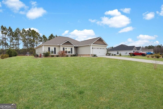 single story home with a garage and a front yard