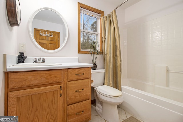 full bathroom with vanity, toilet, tile patterned flooring, and shower / bath combo with shower curtain