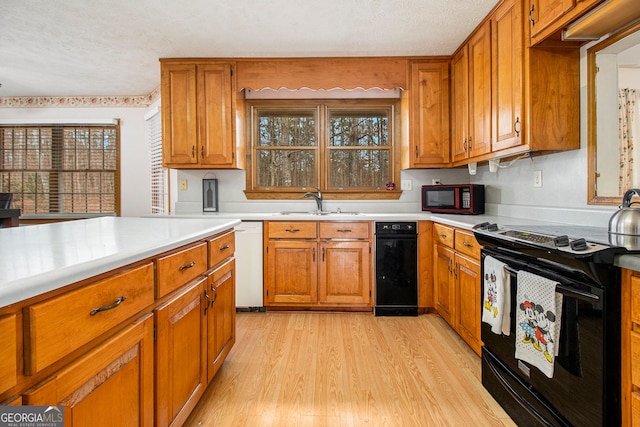 kitchen with sink, light hardwood / wood-style flooring, dishwasher, a textured ceiling, and black range with electric cooktop