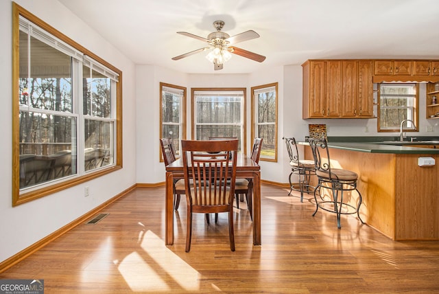 dining room featuring sink, light hardwood / wood-style floors, and ceiling fan