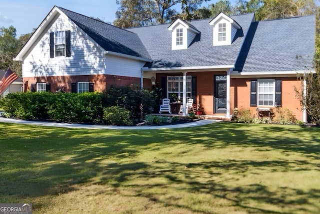 cape cod home featuring covered porch and a front lawn