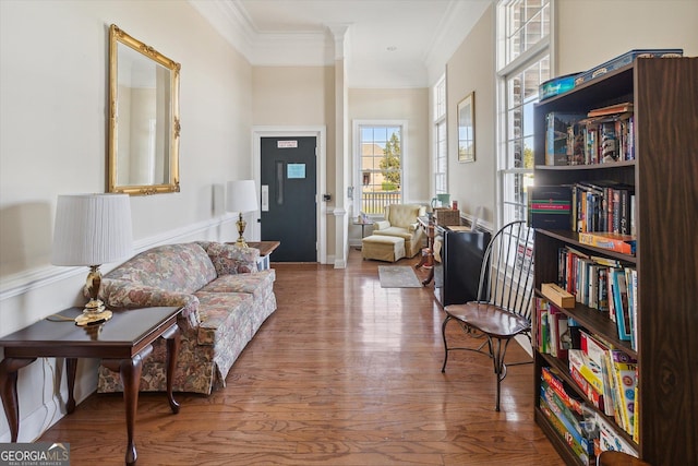 living area featuring wood-type flooring and ornamental molding