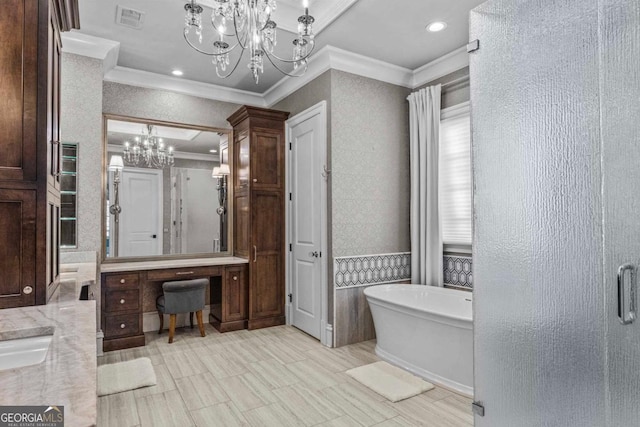 bathroom with a chandelier, vanity, crown molding, and separate shower and tub