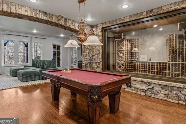 playroom featuring crown molding, pool table, and wood-type flooring