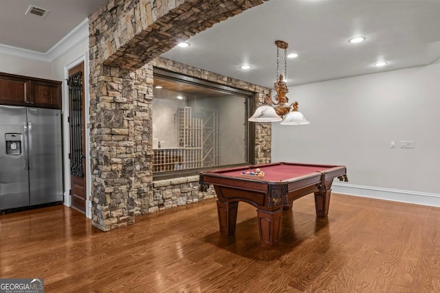 playroom featuring wood-type flooring, ornamental molding, and billiards