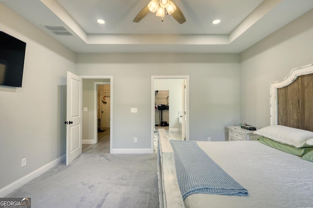 carpeted bedroom with a raised ceiling, a spacious closet, and ceiling fan