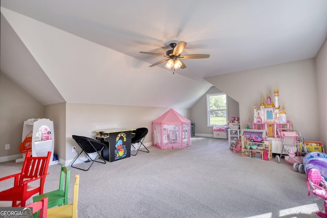 rec room with lofted ceiling, carpet floors, and ceiling fan