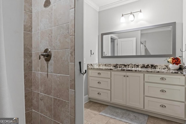 bathroom with ornamental molding, vanity, tile patterned floors, and a shower with shower curtain