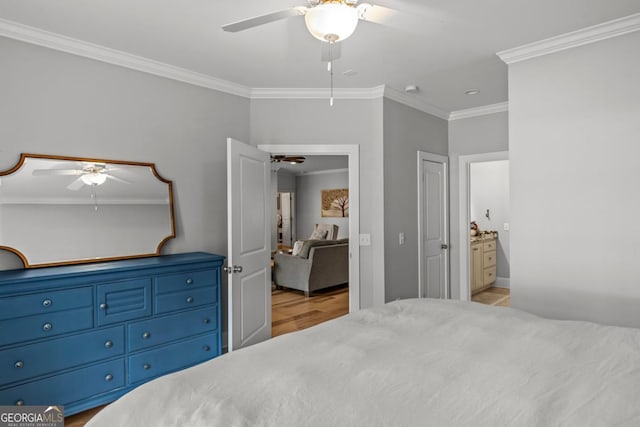 bedroom featuring ornamental molding, ceiling fan, and light hardwood / wood-style flooring