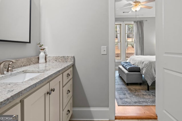 bathroom with vanity, wood-type flooring, and ceiling fan