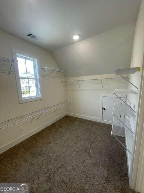 walk in closet with lofted ceiling and dark colored carpet