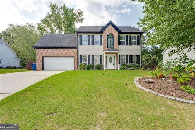 colonial home featuring a garage and a front lawn