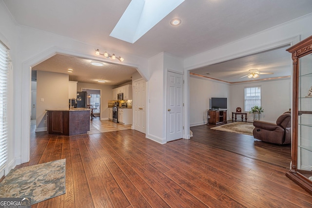 living room with a skylight, dark wood-type flooring, and ceiling fan