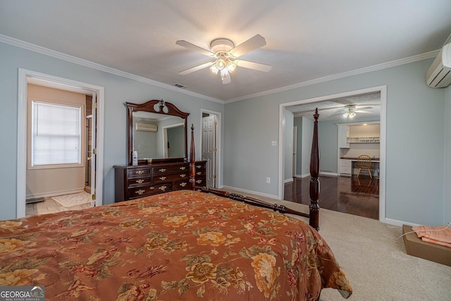 carpeted bedroom featuring crown molding, an AC wall unit, and ceiling fan