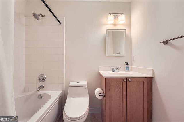 full bathroom with vanity, shower / bath combination with curtain, and toilet