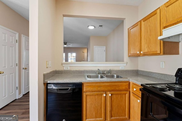 kitchen featuring ceiling fan, dark hardwood / wood-style floors, sink, and black appliances