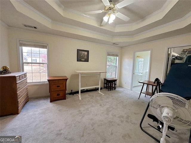 sitting room with a raised ceiling, crown molding, and a wealth of natural light