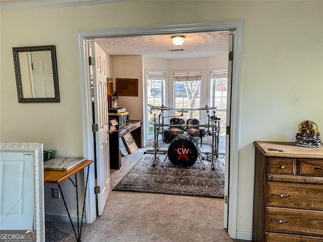 interior space featuring light colored carpet and a textured ceiling