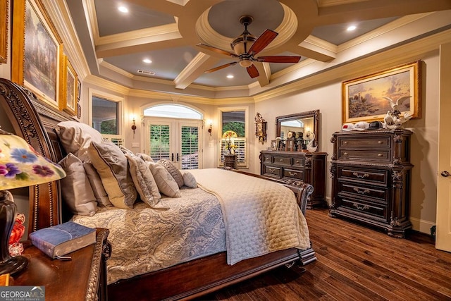 bedroom with french doors, coffered ceiling, dark wood-type flooring, and access to outside