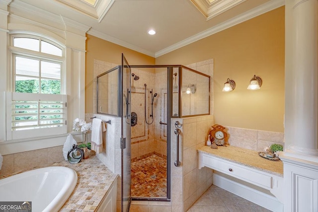 bathroom featuring crown molding, tile patterned floors, and walk in shower