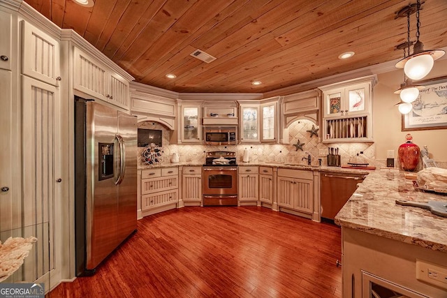 kitchen featuring sink, wood ceiling, appliances with stainless steel finishes, hanging light fixtures, and decorative backsplash