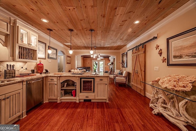 kitchen featuring wood ceiling, crown molding, dishwasher, pendant lighting, and a barn door