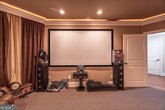 carpeted cinema with crown molding