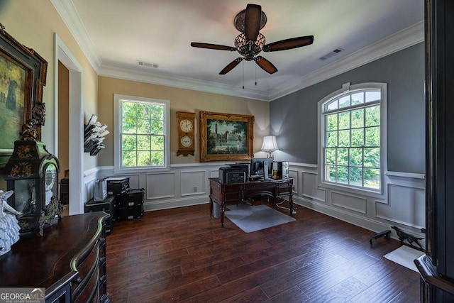 office area featuring ornamental molding, dark wood-type flooring, and ceiling fan