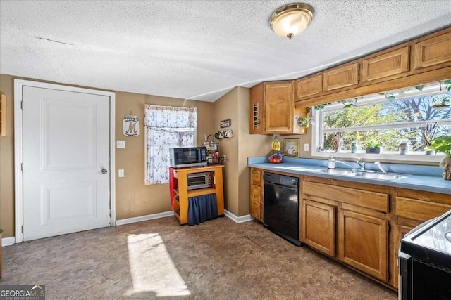 kitchen featuring sink, dishwasher, range with electric stovetop, a textured ceiling, and vaulted ceiling