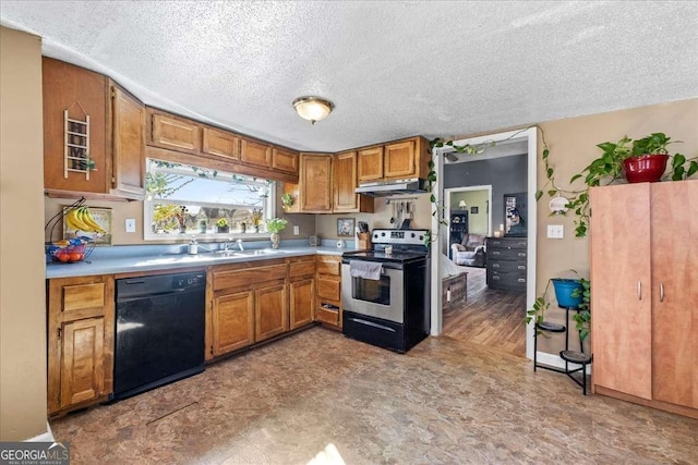 kitchen featuring sink, a textured ceiling, black dishwasher, and stainless steel electric range oven