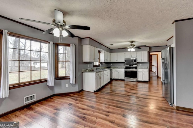 kitchen with sink, stainless steel appliances, dark hardwood / wood-style floors, and white cabinets