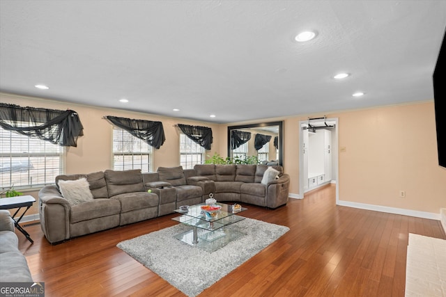 living room featuring wood-type flooring and ornamental molding