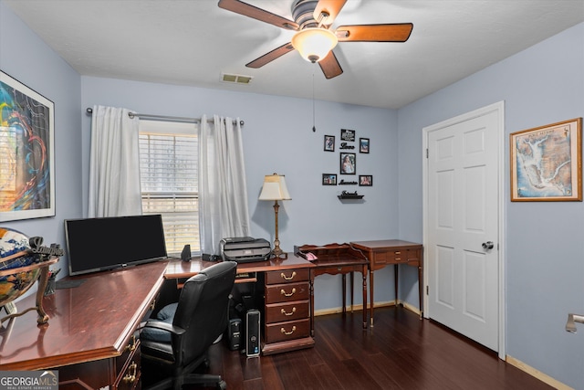 home office featuring dark wood-type flooring and ceiling fan