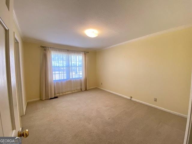 spare room featuring crown molding, carpet floors, and a textured ceiling